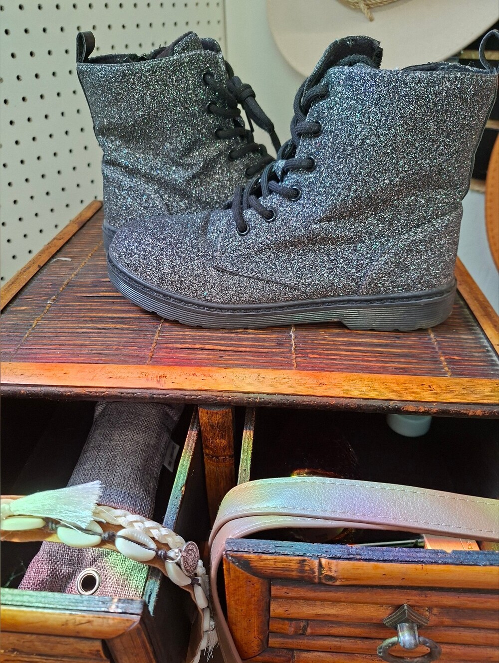 Girls' Black Glitter Lace-Up Combat Boots